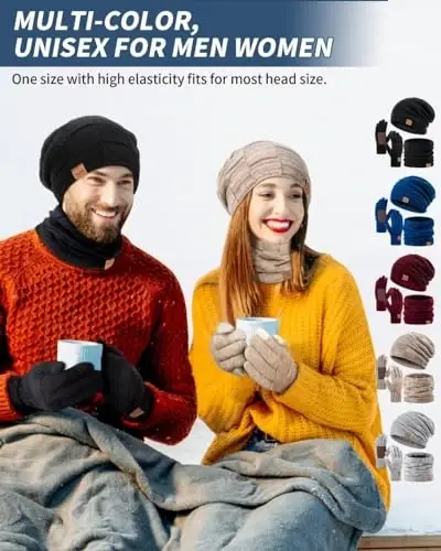 Erkaklar shlyapa, sharf va qo'lqoplar to'plami Qishki, termal jun bilan qoplangan Slouchy Beanie bo'yin sharflari Sensorli ekranli qo'lqoplar, 3 in 1 iliq to'plam - 6