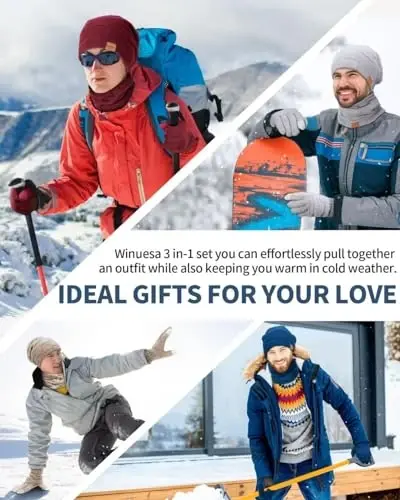 Erkaklar shlyapa, sharf va qo'lqoplar to'plami Qishki, termal jun bilan qoplangan Slouchy Beanie bo'yin sharflari Sensorli ekranli qo'lqoplar, 3 in 1 iliq to'plam - 7