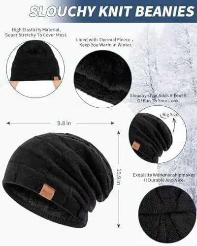 Erkaklar shlyapa, sharf va qo'lqoplar to'plami Qishki, termal jun bilan qoplangan Slouchy Beanie bo'yin sharflari Sensorli ekranli qo'lqoplar, 3 in 1 iliq to'plam - 2