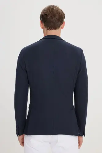 Erkaklar to'q ko'k rangli, 360 daraja har tomonga cho'ziladigan, slim fit, tor kesimli, mono yoqali blezer kurtka - to'q ko'k rangli - 5
