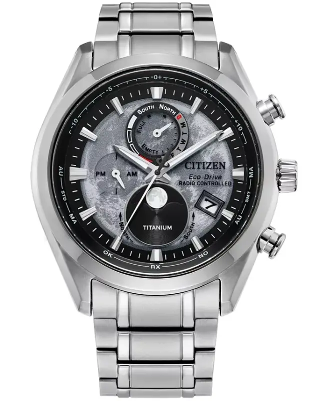 Erkaklar Tsuki-yomi A-T Xronograf Sport Hashamatli Eco-Drive Kumush Rangli Titan Bilaguzukli Soat 43mm Kumush rangli. - 1