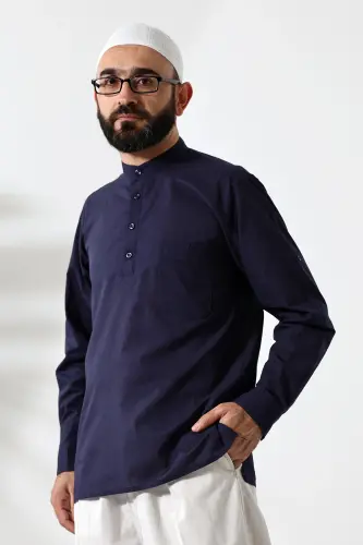 Erkaklar uchun 100% paxta mato, Vual, boʻsh kesim, ruhoniy yoqasi, yarim patinaj, toʻq koʻk rangli Hajj Umra koʻylagi 
