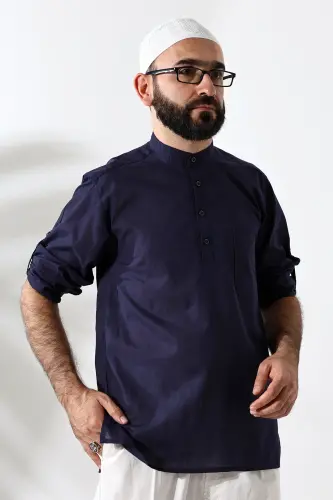 Erkaklar uchun 100% paxta mato, Vual, boʻsh kesim, ruhoniy yoqasi, yarim patinaj, toʻq koʻk rangli Hajj Umra koʻylagi - 7