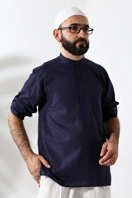 Erkaklar uchun 100% paxta mato, Vual, boʻsh kesim, ruhoniy yoqasi, yarim patinaj, toʻq koʻk rangli Hajj Umra koʻylagi - 7