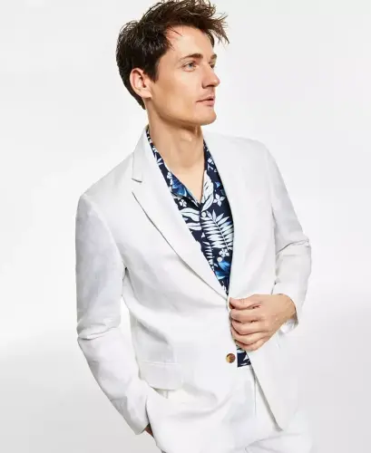 Erkaklar uchun 100% zig'irdan tikilgan Blazer, Modazone-Oq rang uchun yaratilgan - 3