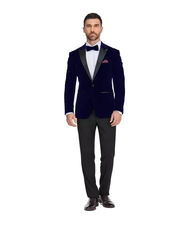 Erkaklar uchun 2 qismli baxmal uchli lapel tor-fit smokin - To'q ko'k - 1