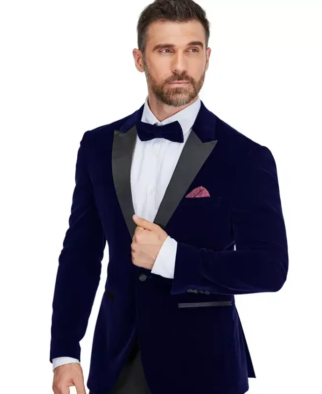 Erkaklar uchun 2 qismli baxmal uchli lapel tor-fit smokin - To'q ko'k - 2