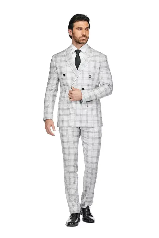 Erkaklar uchun 2 qismli Slim Fit kulrang katakli ikki tugmali kostyum - GINO VITALE