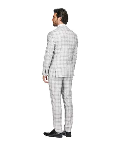Erkaklar uchun 2 qismli Slim Fit kulrang katakli ikki tugmali kostyum - 3