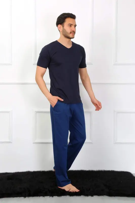 Erkaklar uchun 3 dona li moviy rangli paxta matoli V shaklidagi yoqali pijama 6822 - 2