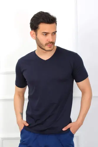 Erkaklar uchun 3 dona li moviy rangli paxta matoli V shaklidagi yoqali pijama 6822 - 22
