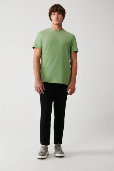 Erkaklar uchun akva yashil rangli 100% paxtadan tikilgan, jakkard paneli, dumaloq yoqali, oddiy o'lchamli futbolka A31y1057 - 5