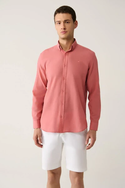 Erkaklar uchun atirgul rangli ko'ylak 100% paxta yupqa yumshoq tuşe tugmali yoqa uzun yengli oddiy o'lchamli E002206 - Avva