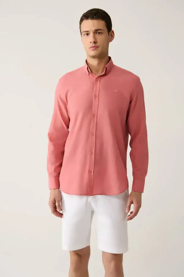 Erkaklar uchun atirgul rangli ko'ylak 100% paxta yupqa yumshoq tuşe tugmali yoqa uzun yengli oddiy o'lchamli E002206 - 1