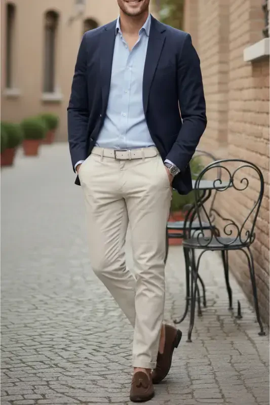 Erkaklar uchun bej gabardin paxta zig'ir slim fit yon cho'ntakli elastik chino shimlari - THESEASON