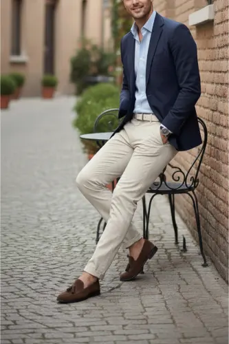 Erkaklar uchun bej gabardin paxta zig'ir slim fit yon cho'ntakli elastik chino shimlari - THESEASON (1)