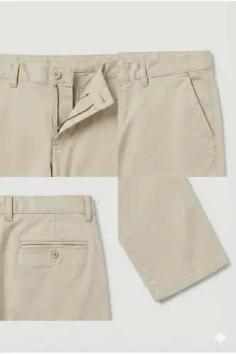 Erkaklar uchun bej gabardin paxta zig'ir slim fit yon cho'ntakli elastik chino shimlari - 6