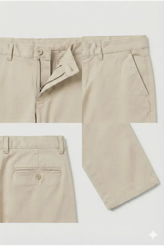 Erkaklar uchun bej gabardin paxta zig'ir slim fit yon cho'ntakli elastik chino shimlari - 6