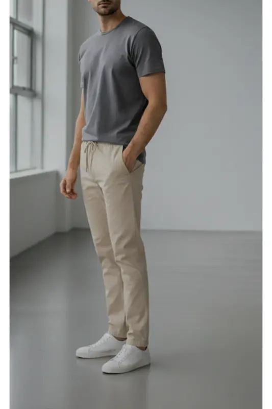 Erkaklar uchun bej gabardin paxta zig'ir slim fit yon cho'ntakli elastik chino shimlari - 2