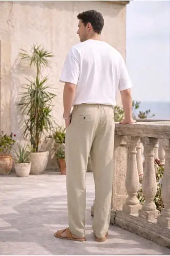 Erkaklar uchun bej gabardin paxta zig'ir slim fit yon cho'ntakli elastik chino shimlari - 4