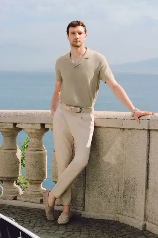 Erkaklar uchun bej Pagos Relaxed Fit klassik bel shimlari A41Y3037 - AVVA