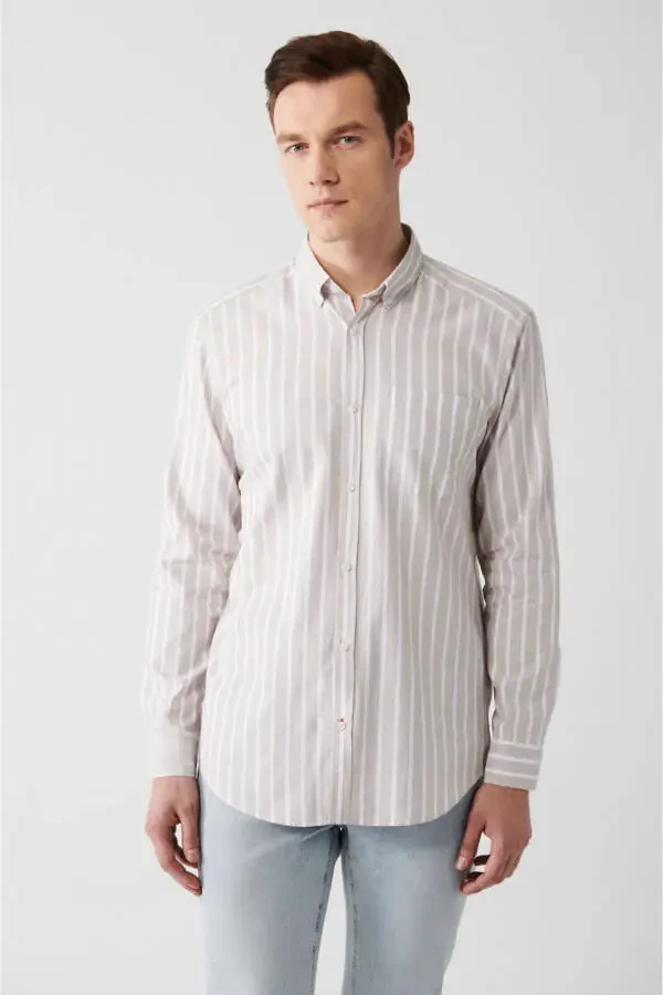 Erkaklar uchun bej rangli 100% paxta Oxford tugmali yoqa chiziqli Regular Fit ko'ylak A31y2055 - 1