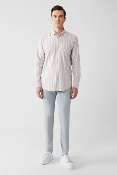 Erkaklar uchun bej rangli 100% paxta Oxford tugmali yoqa chiziqli Regular Fit ko'ylak A31y2055 - 5