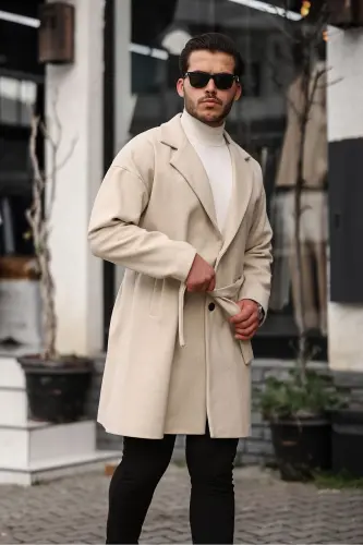 Erkaklar uchun bej rangli, kamarli, oversize qulay bichimdagi kashmir palto - BEJ - 5