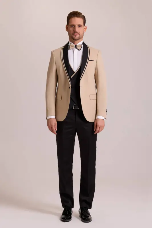 Erkaklar uchun bej rangli slim fit shal yoqali yelek kostyumi - YSF