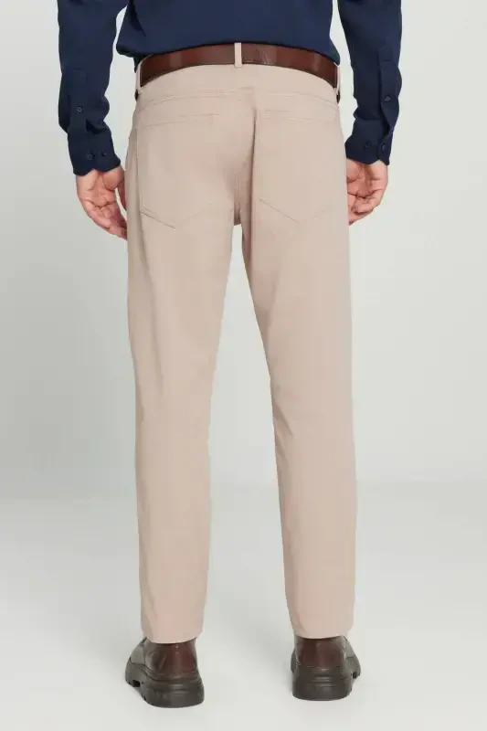 Erkaklar uchun bej rangli Slim Fit tor kesimli 5 cho'ntakli paxta kanvas elastik Chino shimini - 7