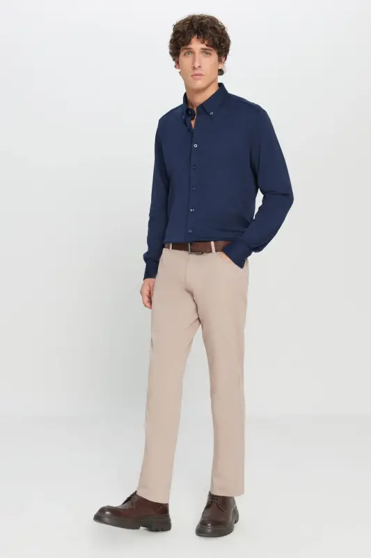 Erkaklar uchun bej rangli Slim Fit tor kesimli 5 cho'ntakli paxta kanvas elastik Chino shimini - 4