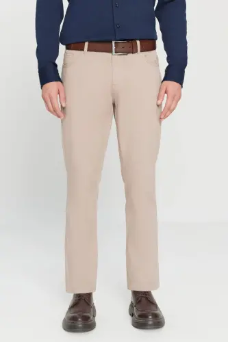 Erkaklar uchun bej rangli Slim Fit tor kesimli 5 cho'ntakli paxta kanvas elastik Chino shimini 