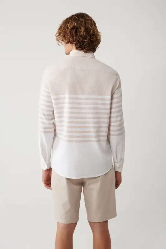 Erkaklar uchun bej rangli tugmali yoqa panosli chiziqli slim fit ko'ylak A41y2190 - 4