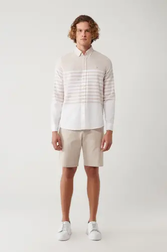 Erkaklar uchun bej rangli tugmali yoqa panosli chiziqli slim fit ko'ylak A41y2190 - 6