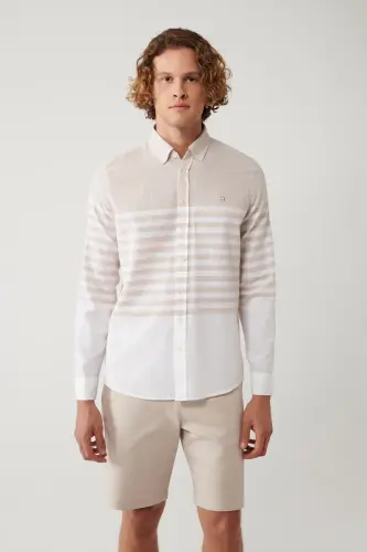 Erkaklar uchun bej rangli tugmali yoqa panosli chiziqli slim fit ko'ylak A41y2190 - 3