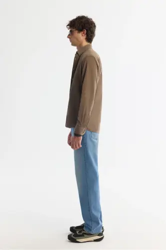 Erkaklar uchun bej rangli unisex ko'ylak tugmali yoqa, chiziqli baxmal, 100% paxta, oddiy o'tirish B002032 - 3