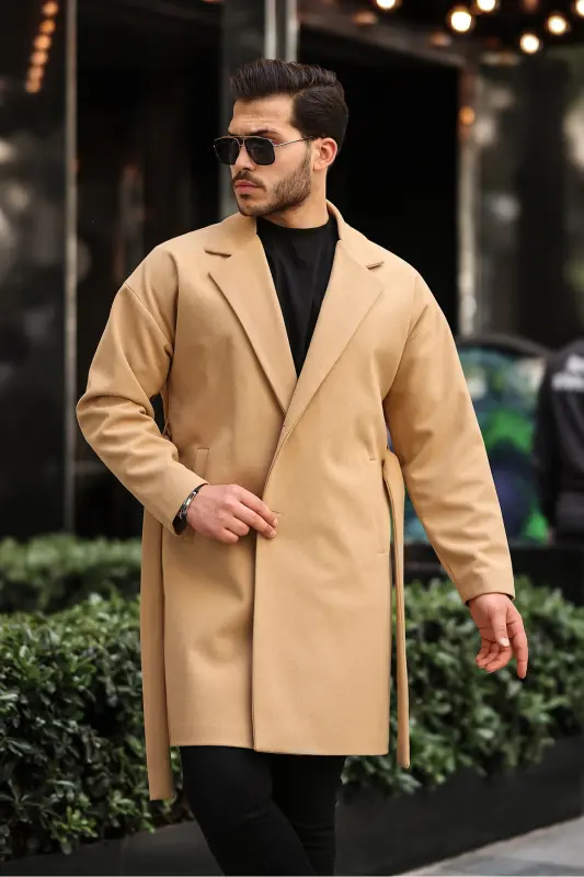 Erkaklar uchun belbog‘li, oversize, qulay bichimdagi kashmir palto - vizyon rangida - 5
