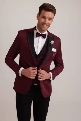 Erkaklar uchun bordo qaldirg'och yoqa cho'ntakli slim fit naqshli damodlik - 5