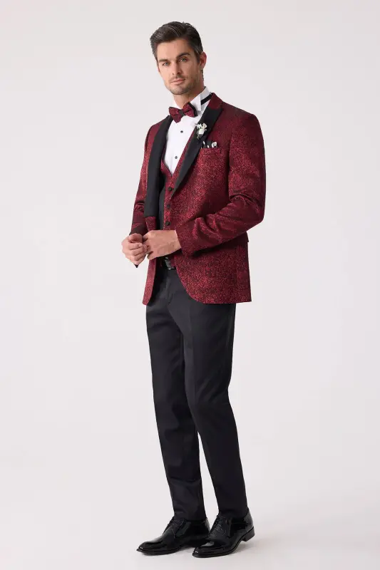 Erkaklar uchun bordo qaldirg'och yoqali jiletli slim fit naqshli damatlik - 2