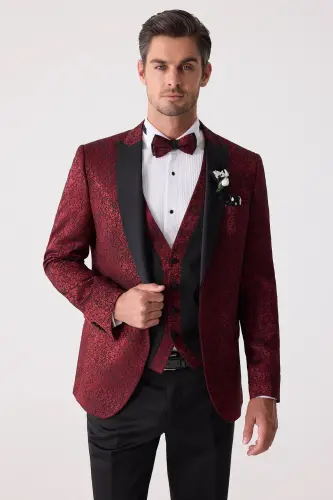 Erkaklar uchun bordo qaldirg'och yoqali jiletli slim fit naqshli damatlik - 3
