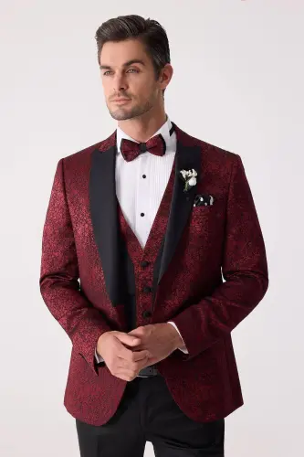Erkaklar uchun bordo qaldirg'och yoqali jiletli slim fit naqshli damatlik - 6