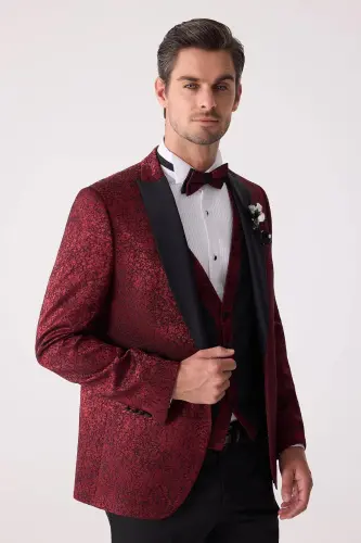 Erkaklar uchun bordo qaldirg'och yoqali jiletli slim fit naqshli damatlik - 7