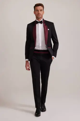 Erkaklar uchun bordo qora rangli slim fit shal yoqali to'y kostyumi - 1