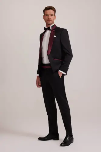 Erkaklar uchun bordo qora rangli slim fit shal yoqali to'y kostyumi - YSF (1)