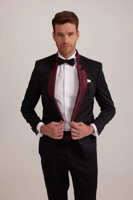 Erkaklar uchun bordo qora rangli slim fit shal yoqali to'y kostyumi - 3
