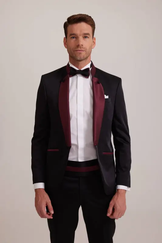 Erkaklar uchun bordo qora rangli slim fit shal yoqali to'y kostyumi - 5