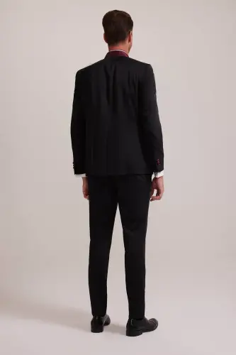 Erkaklar uchun bordo qora rangli slim fit shal yoqali to'y kostyumi - 8