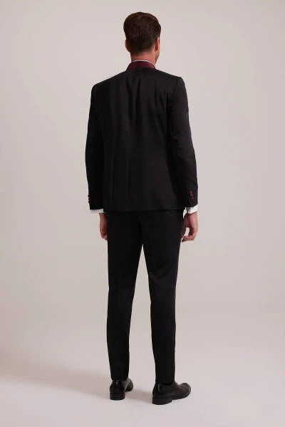 Erkaklar uchun bordo qora rangli slim fit shal yoqali to'y kostyumi - 16
