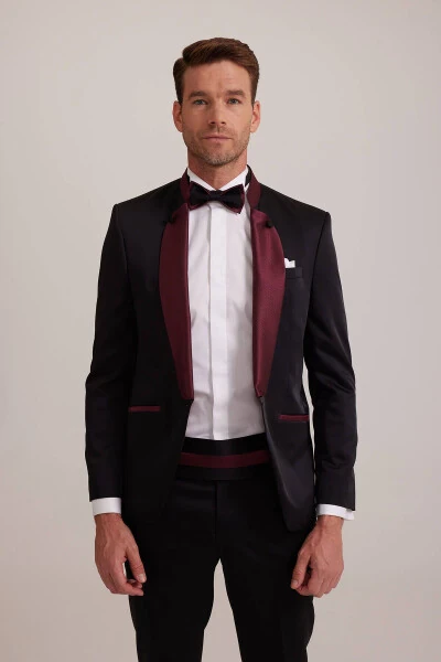 Erkaklar uchun bordo qora rangli slim fit shal yoqali to'y kostyumi - 5