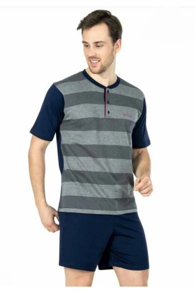 Erkaklar uchun bordo rangli 3 qismli qisqa yengli pijama to'plami - ko'k - PIERRE CARDIN